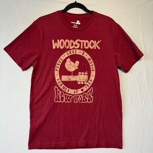 Woodstock Womens M Relaxed Fit Graphic Band Tee Dark Red Music Festival Hippie